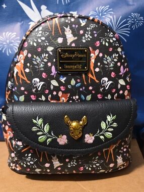 Loungefly Black Bambi Floral Mini Backpack with Gold Emblem